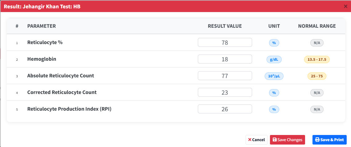 Honor LIMS laboratory test result entry screen